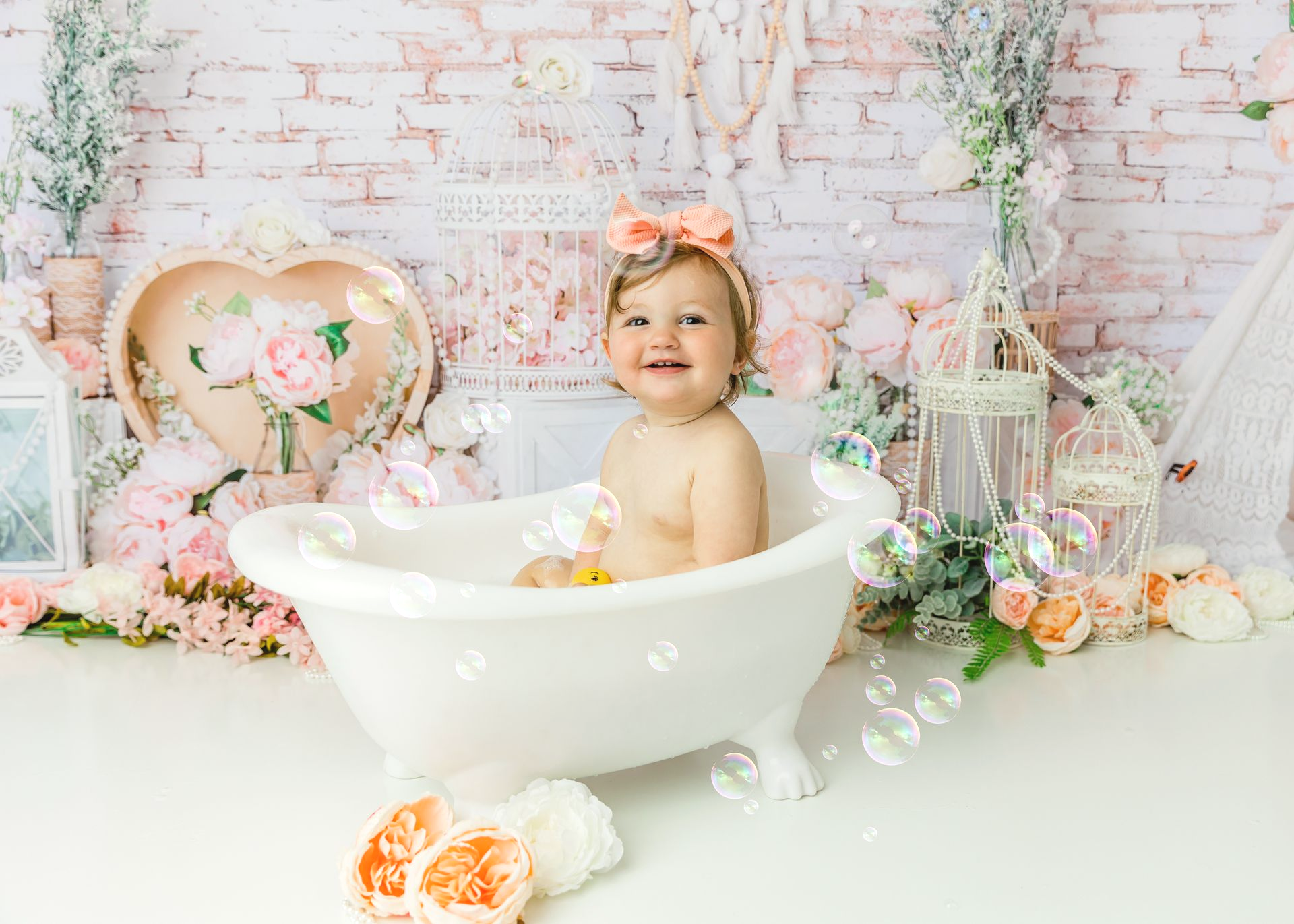 One year old bubble bath portraits  after smash the cake  session in Cary -NC
