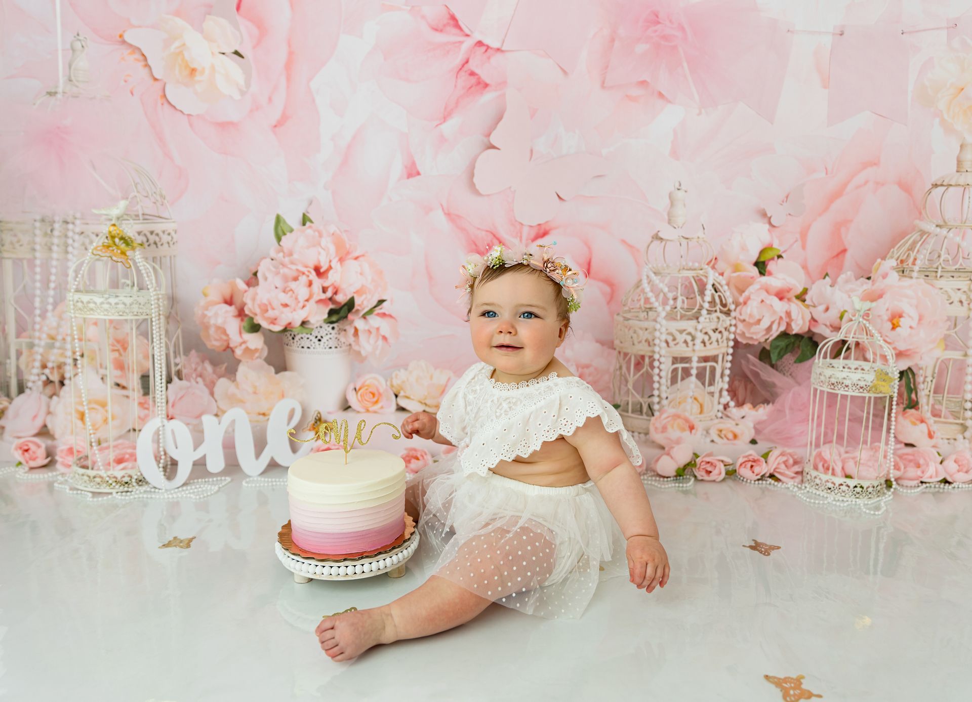 Pink Floral Cake Smash Session Raleigh NC