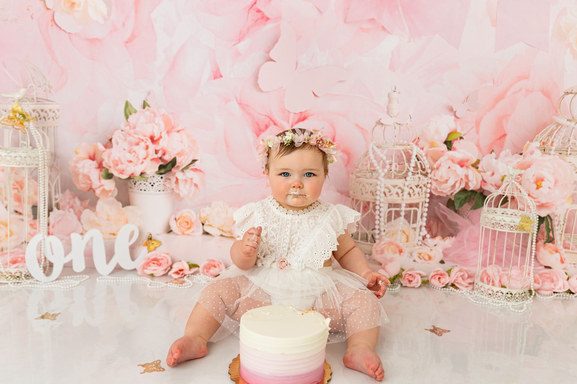 Pink Floral Cake Smash Session Raleigh NC