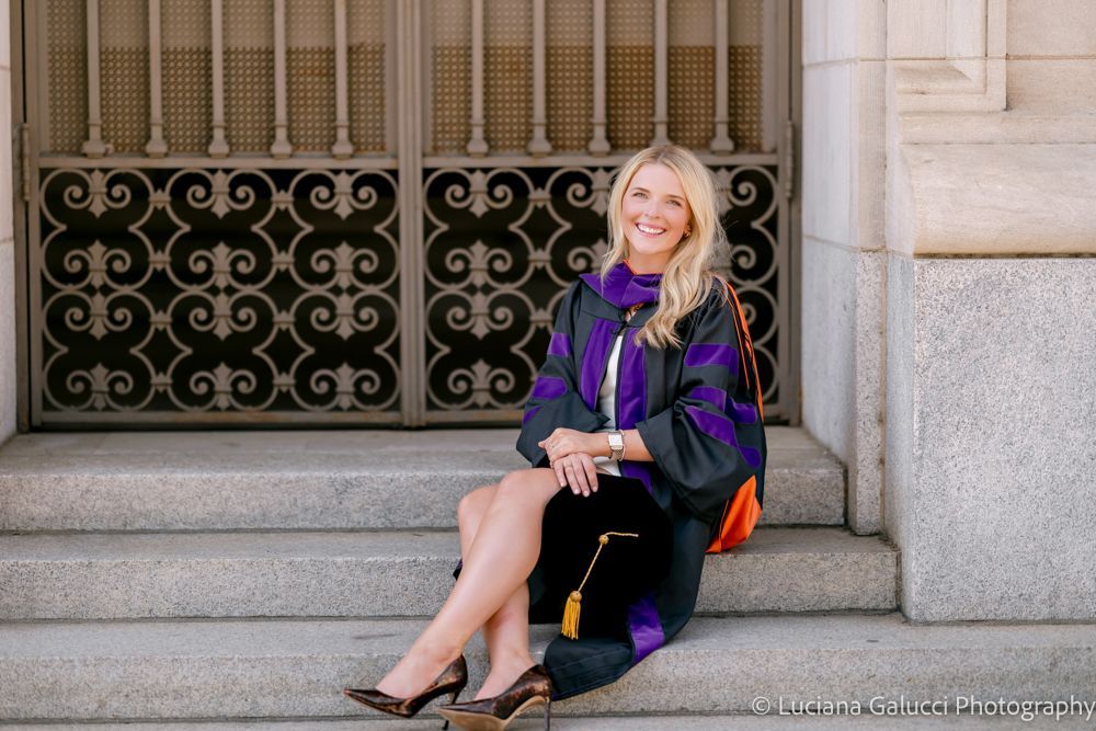 Graduation portrait session by Luciana Galucci Photography at Campbell University School of Law in Raleigh, North Carolina featuring cap and gown near the courthouse