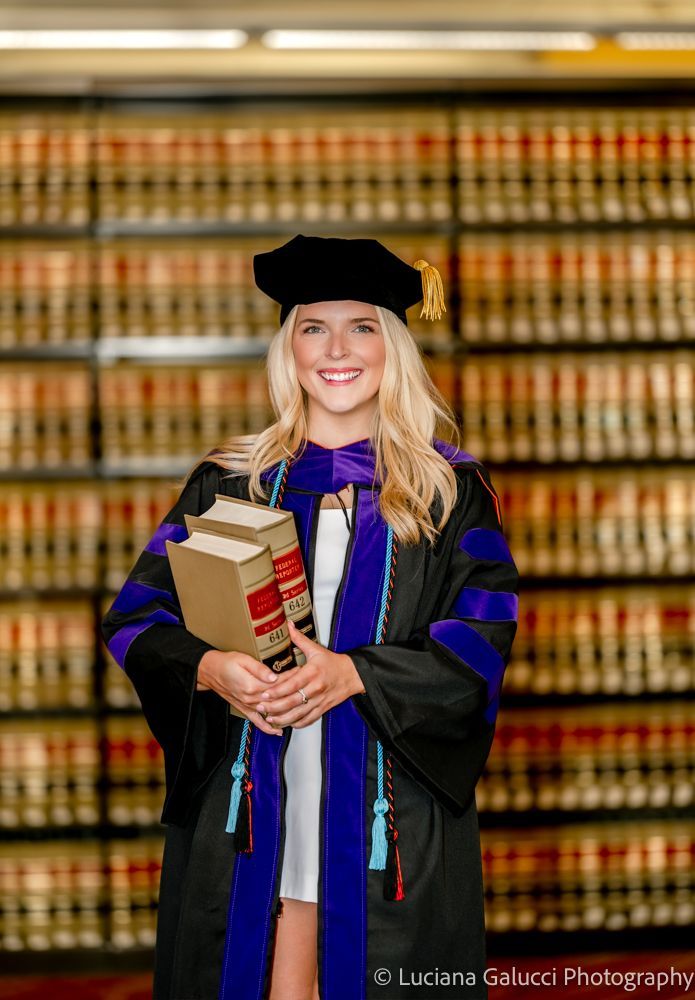 Graduation portrait session by Luciana Galucci Photography at Campbell University School of Law in Raleigh, North Carolina featuring cap and gown near the courthouse