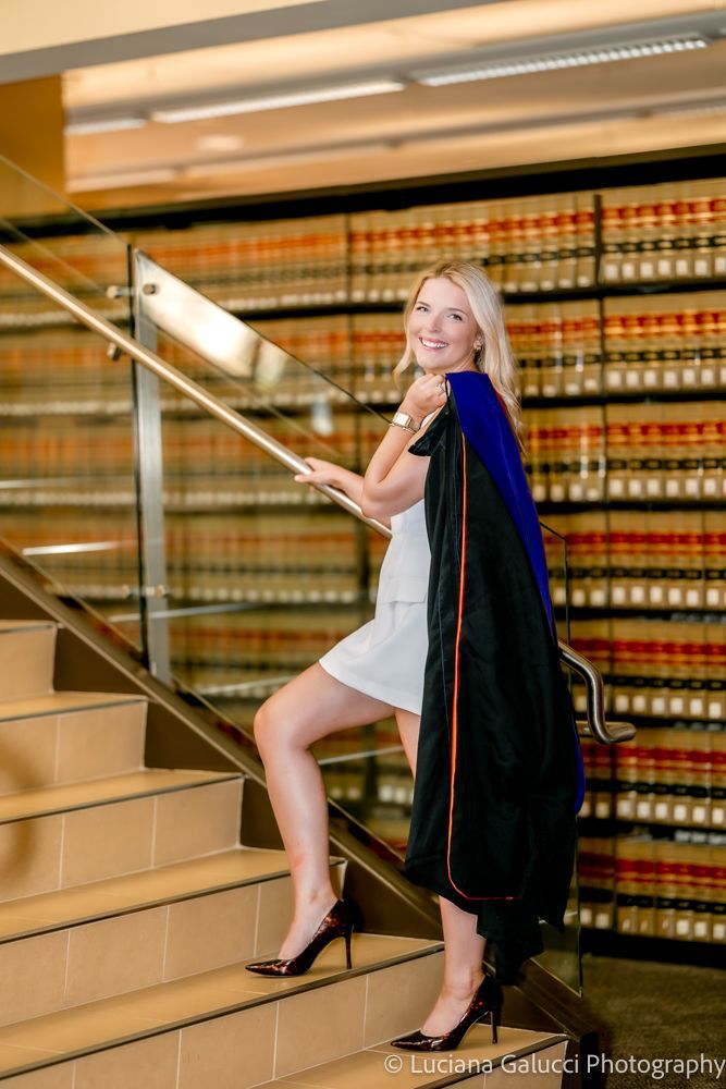 Graduation portrait session by Luciana Galucci Photography at Campbell University School of Law in Raleigh, North Carolina featuring cap and gown near the courthouse