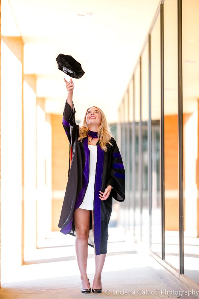 Graduation portrait session at Campbell University School of Law in Raleigh, North Carolina featuring cap and gown near the courthouse

