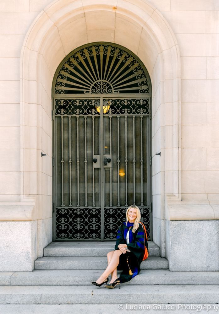 Graduation portrait session by Luciana Galucci Photography at Campbell University School of Law in Raleigh, North Carolina featuring cap and gown near the courthouse