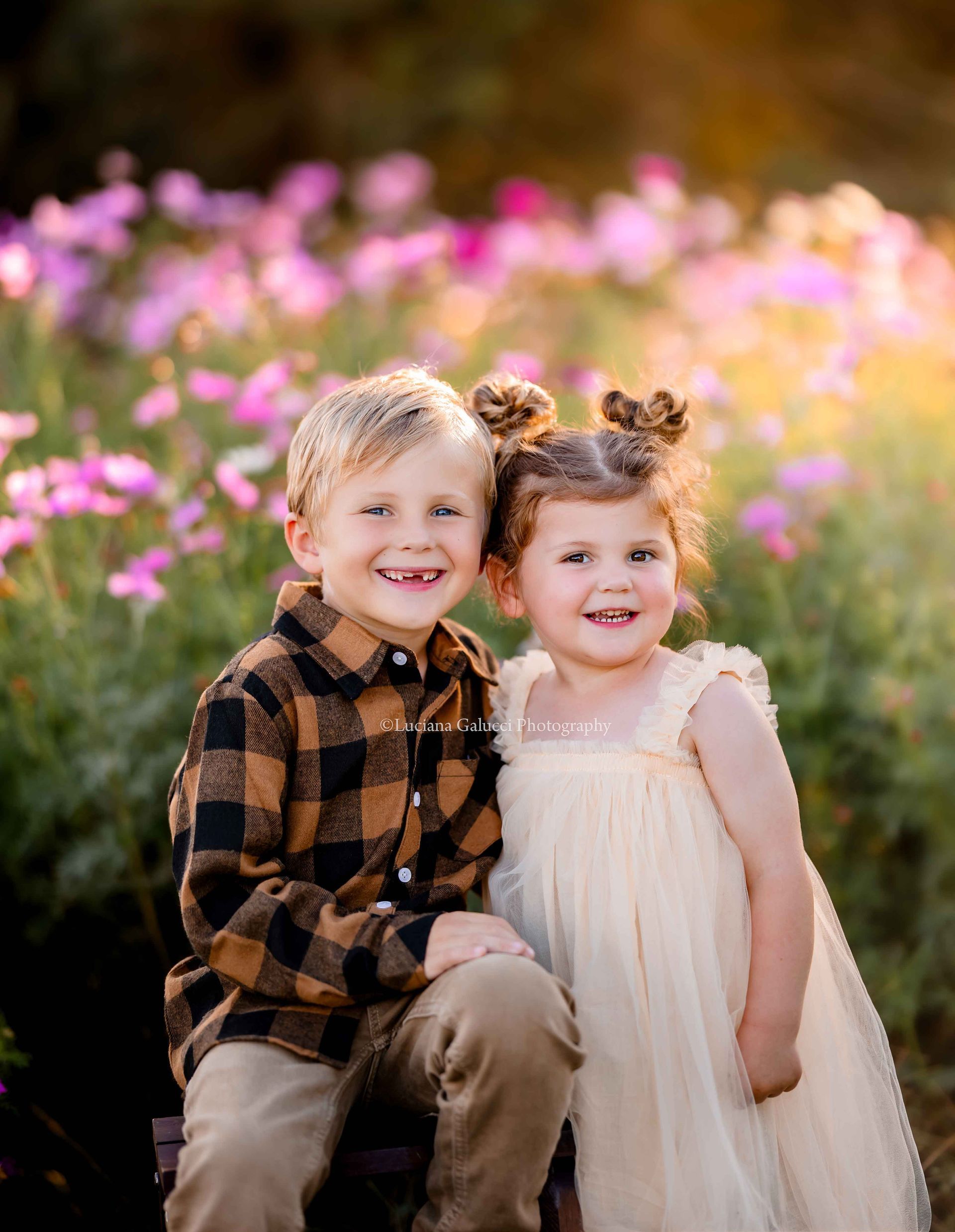 Happy siblings enjoying a golden hour photo session in a flower field in Raleigh