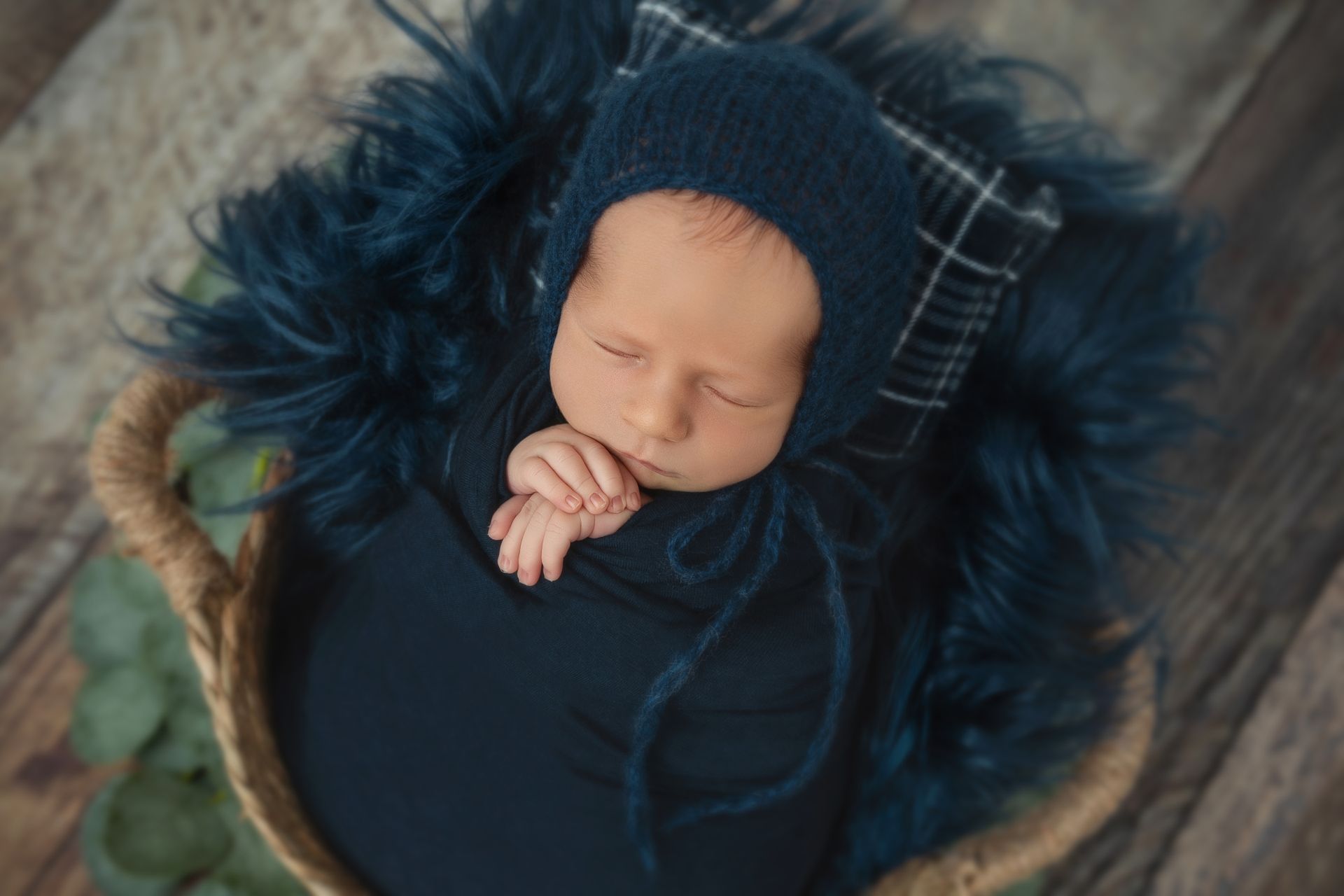 Newborn posed in cozy wrap in Cary studio