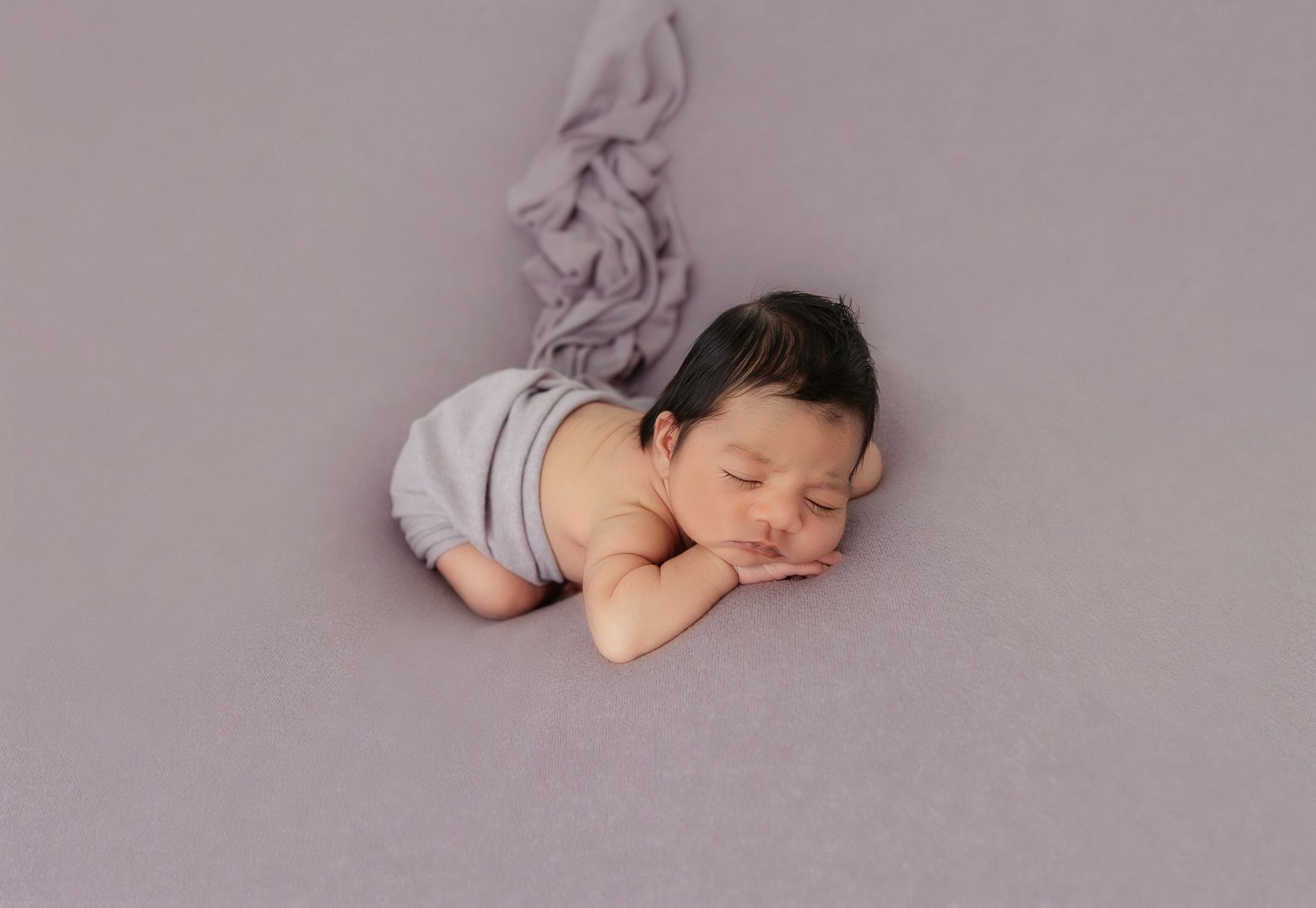 Soft lilac backdrop newborn studio photography session