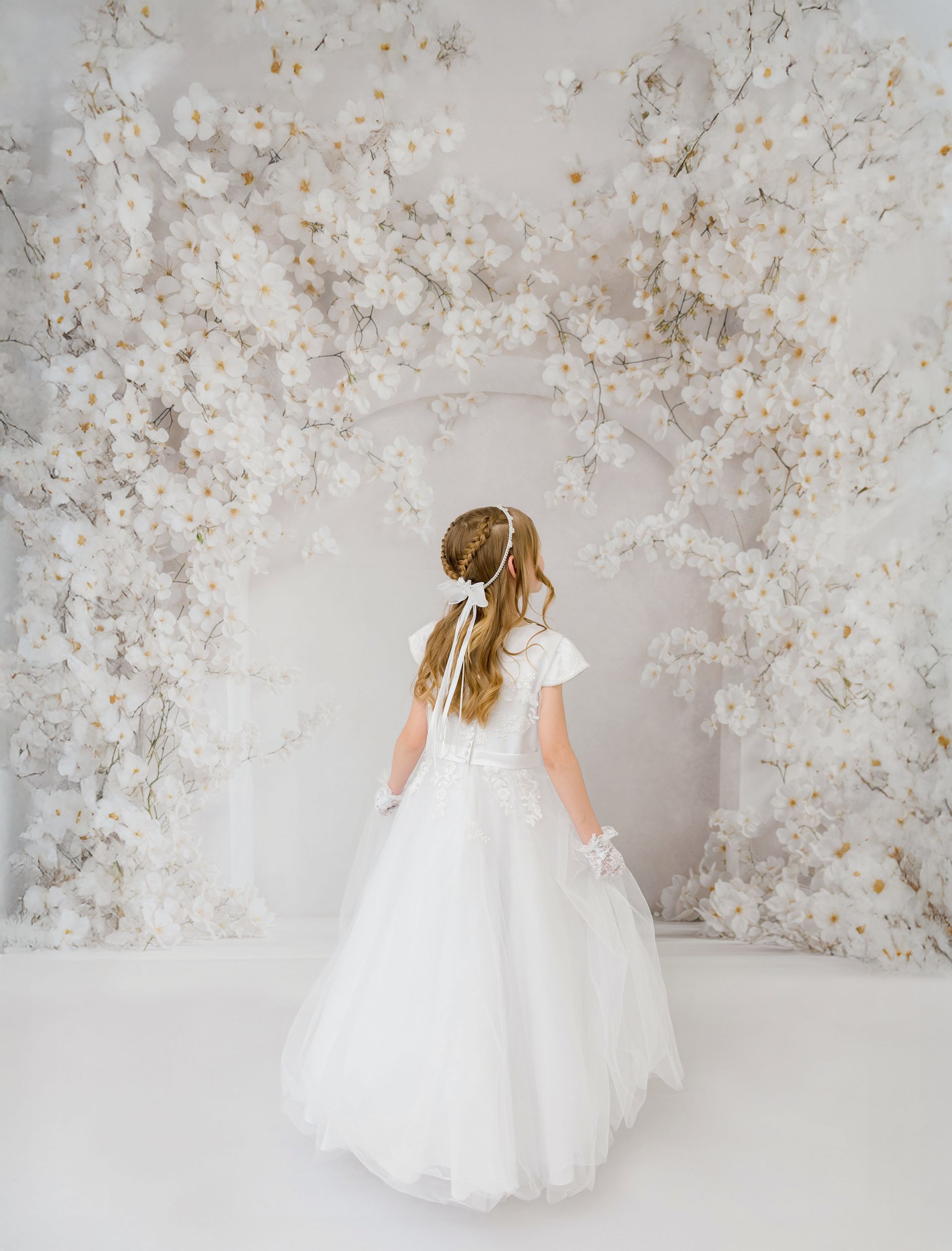 catholic first communion portraits girl white dress raleigh photographer