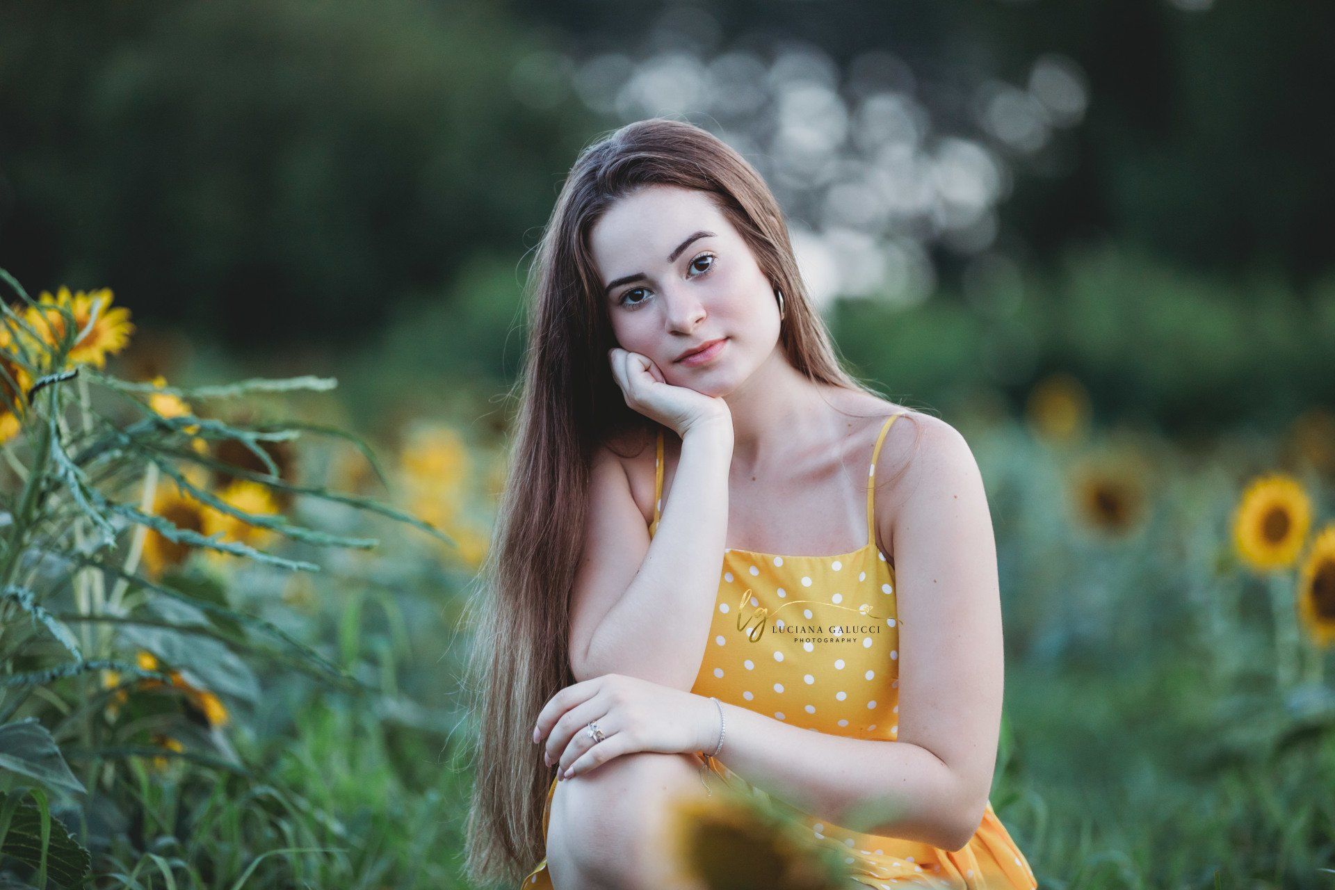 Golden hour senior portrait session in a sunflower field at Dix Park in Raleigh, North Carolina

