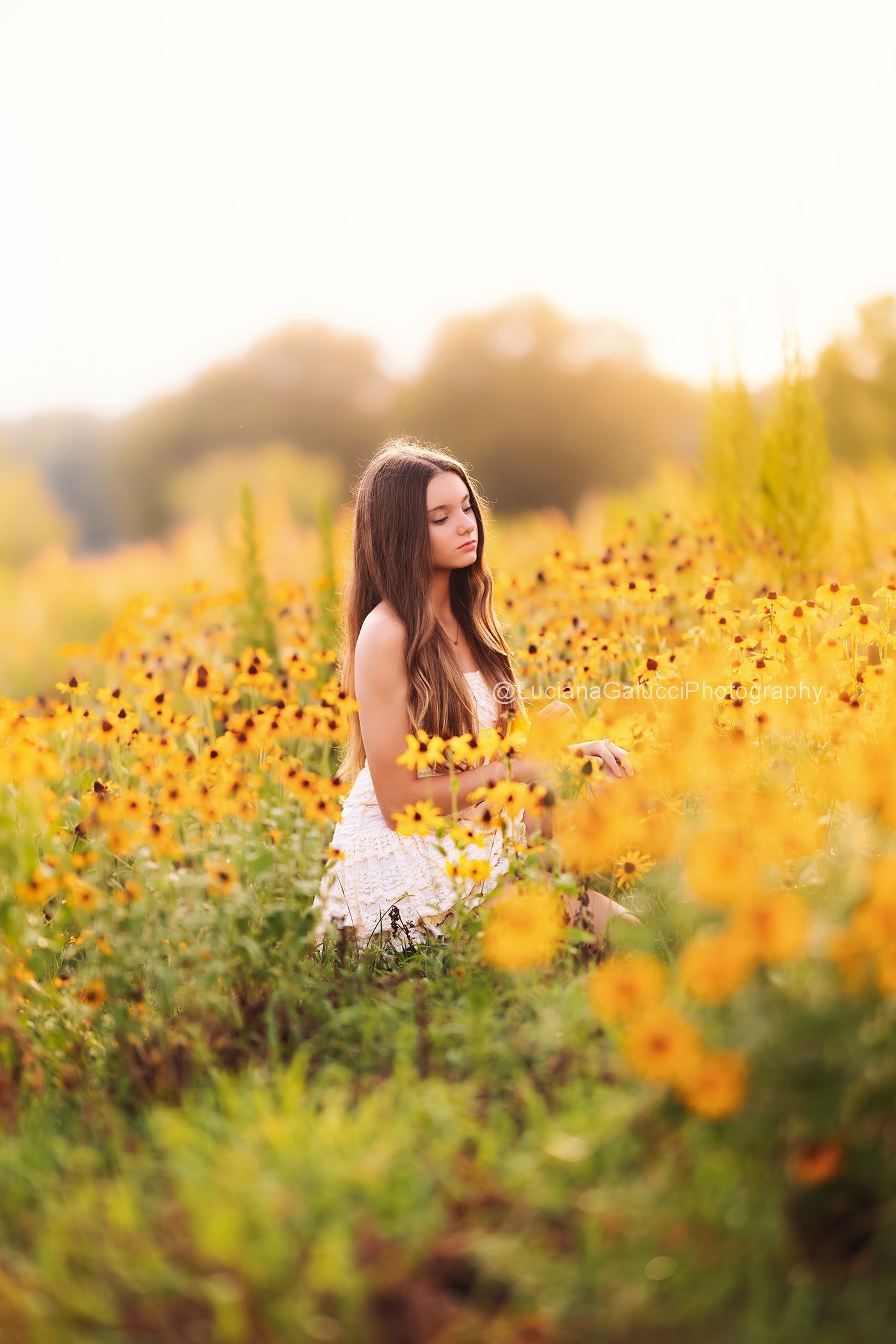 Portrait of a teenage girl in a wild flower  field near Raleigh.