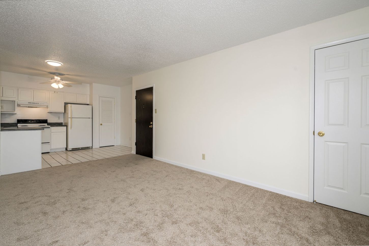 Empty living space with beige carpet, white walls, and a visible kitchen area.