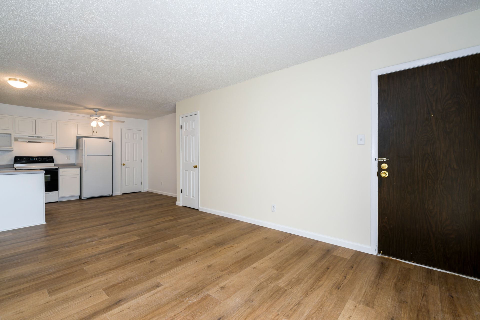 Empty apartment interior with wood flooring, kitchen, and dark brown door.