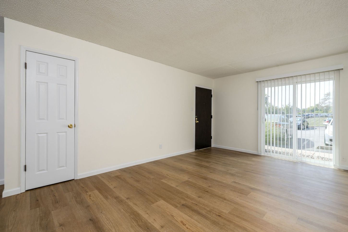 Empty living room with light wood floors, white walls, and a sliding glass door.