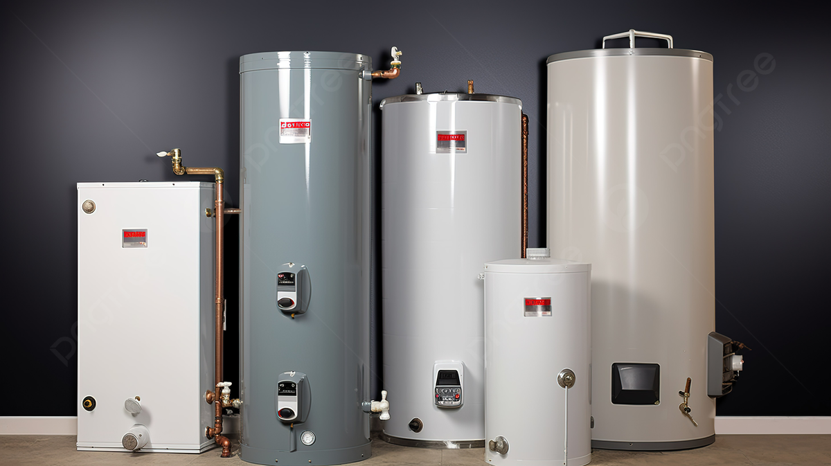 A group of water heaters sitting next to each other in a room.