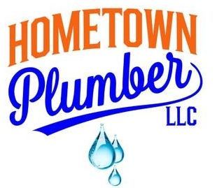 A logo for hometown plumber llc with a drop of water