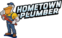 Cartoon pelican plumber with thumbs up, holding wrench, logo for "Hometown Plumber."