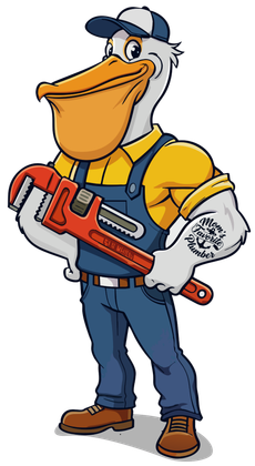 Cartoon pelican plumber holding a wrench, wearing overalls and a cap.