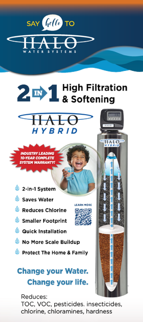 Advertisement for Halo Hybrid water filtration system with a child holding a glass of water.