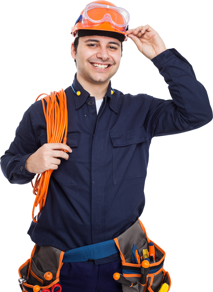 A man wearing a hard hat and goggles is holding an orange cord