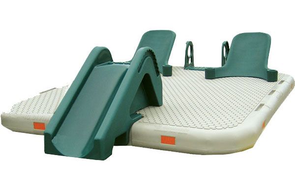 An image of a Swim Raft featuring two seats, a ladder, and a slide.