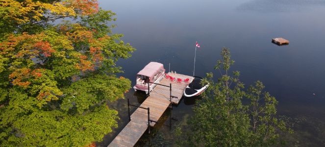 A breathtaking aerial view of a calm lake front featuring a wood dock and trees