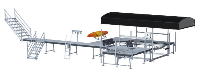 A pipe dock showcasing a variety of accessories including a ladder, stairs, a kayak rack, built-in seating, a boat lift, fenders, cleats, and bumpers for enhanced functionality and protection.