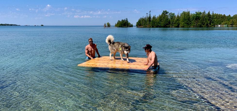 An image of two dock installation experts enjoying a nice dip in the lake while carrying a dog on a wood board