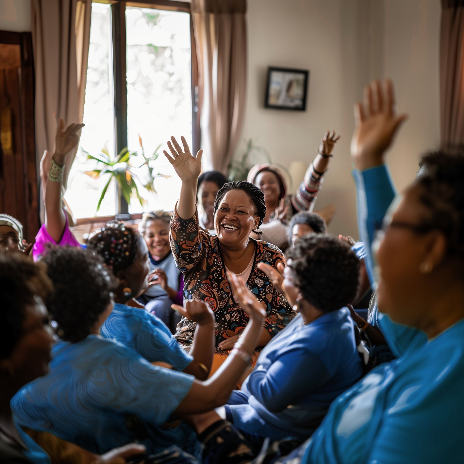 A group of people are sitting in a room with their hands in the air.