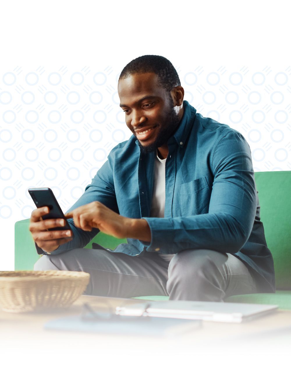 A white cell phone with a blue app on the screen.