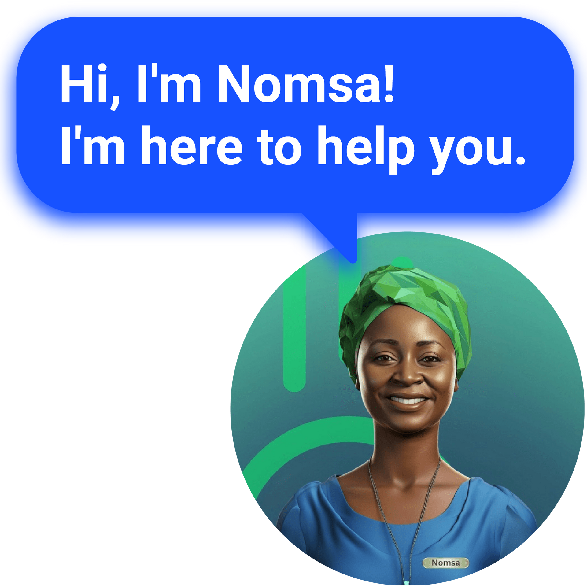 A woman wearing a blue shirt and a name tag that says nomisa