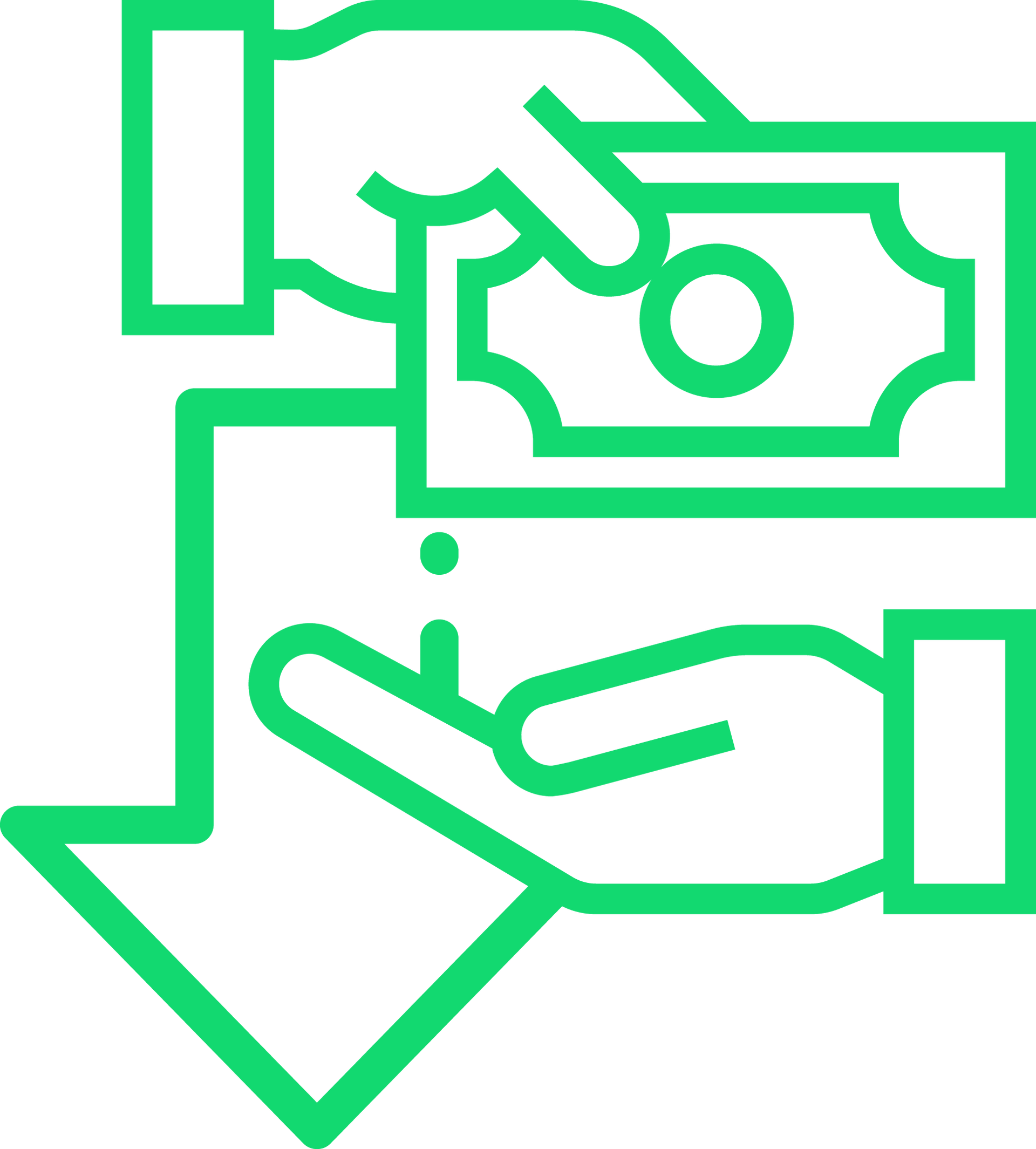 A green line icon of a hand holding a dollar bill and an arrow pointing down.