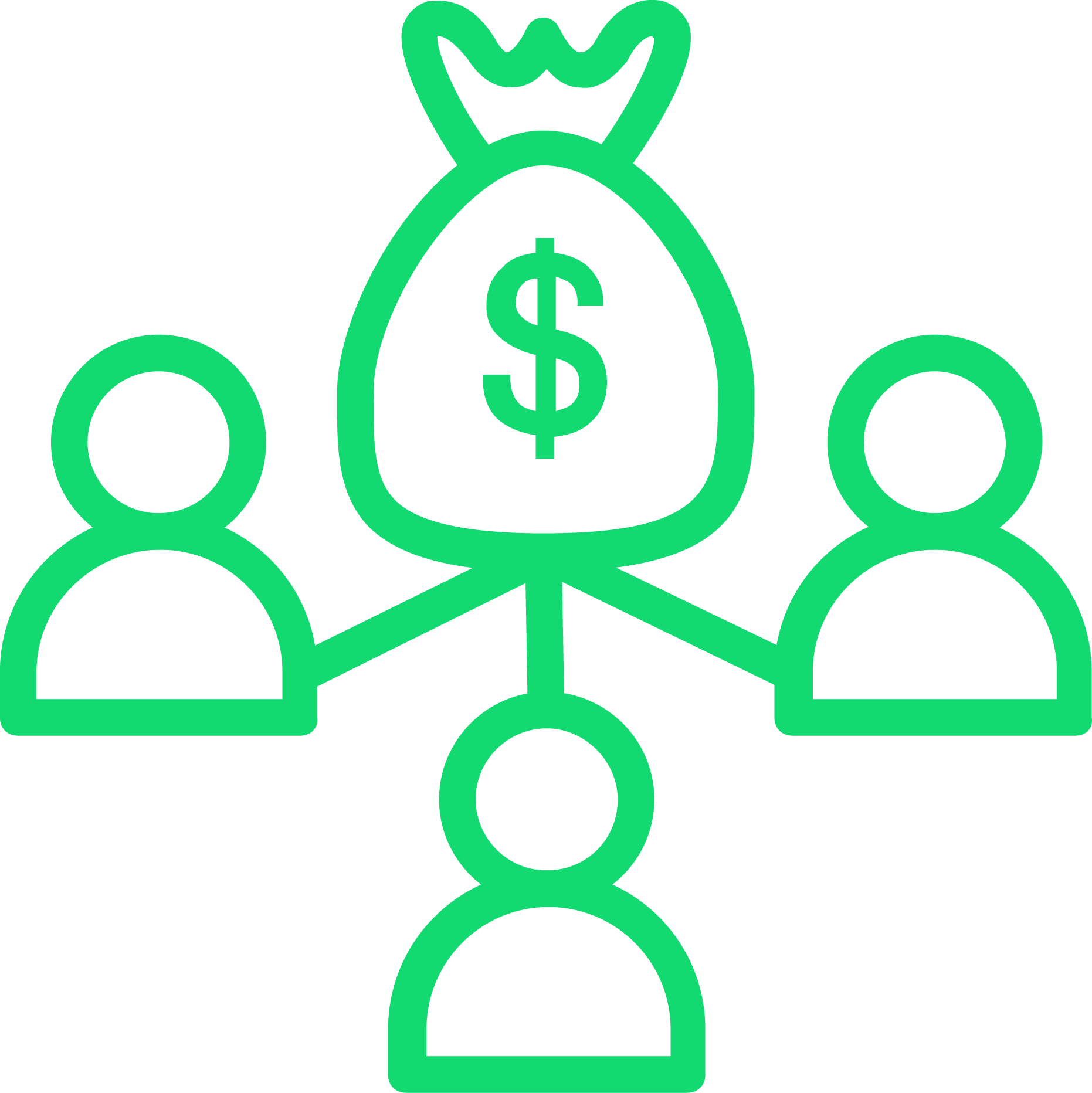 A group of people are connected to a bag of money with a dollar sign on it.