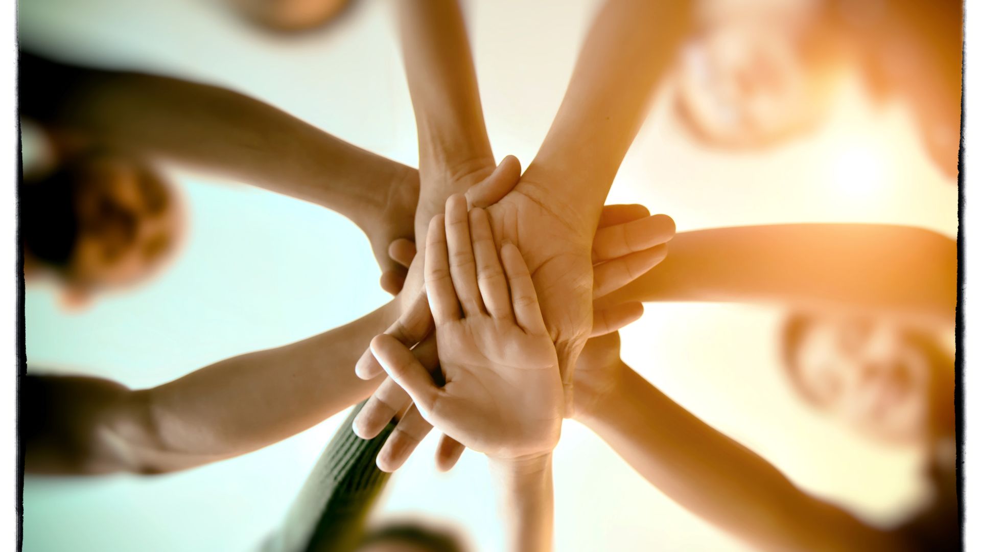 Hands piled together in a team huddle, sun shining through.