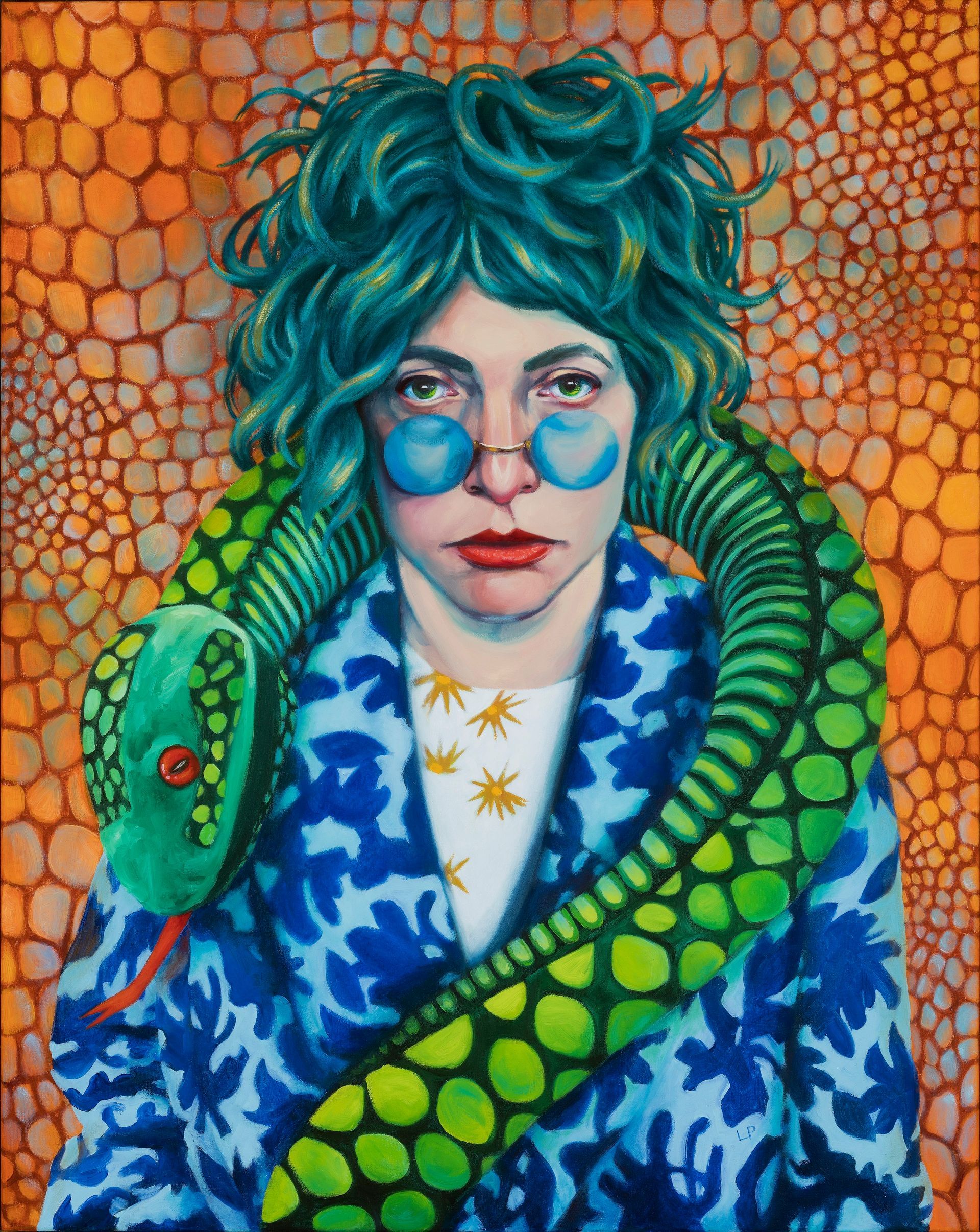 Oil painting of a figure with green hair and a children's stuffed animal snake, round glasses, and a snake-print background.