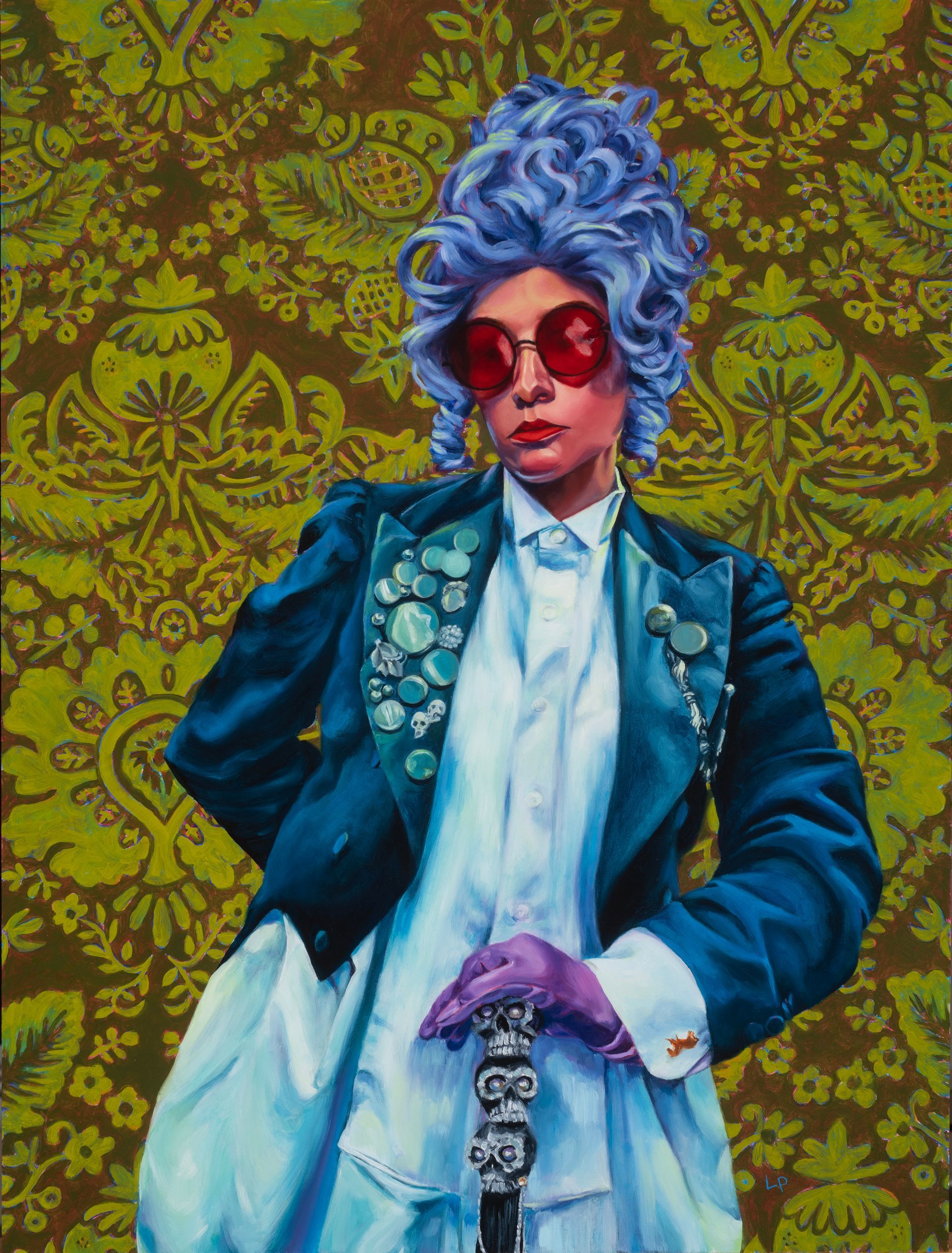 Oil painting of a figure in a white shirt and decorated tux jacket, purple updo wig, and green printed wallpaper in the background.