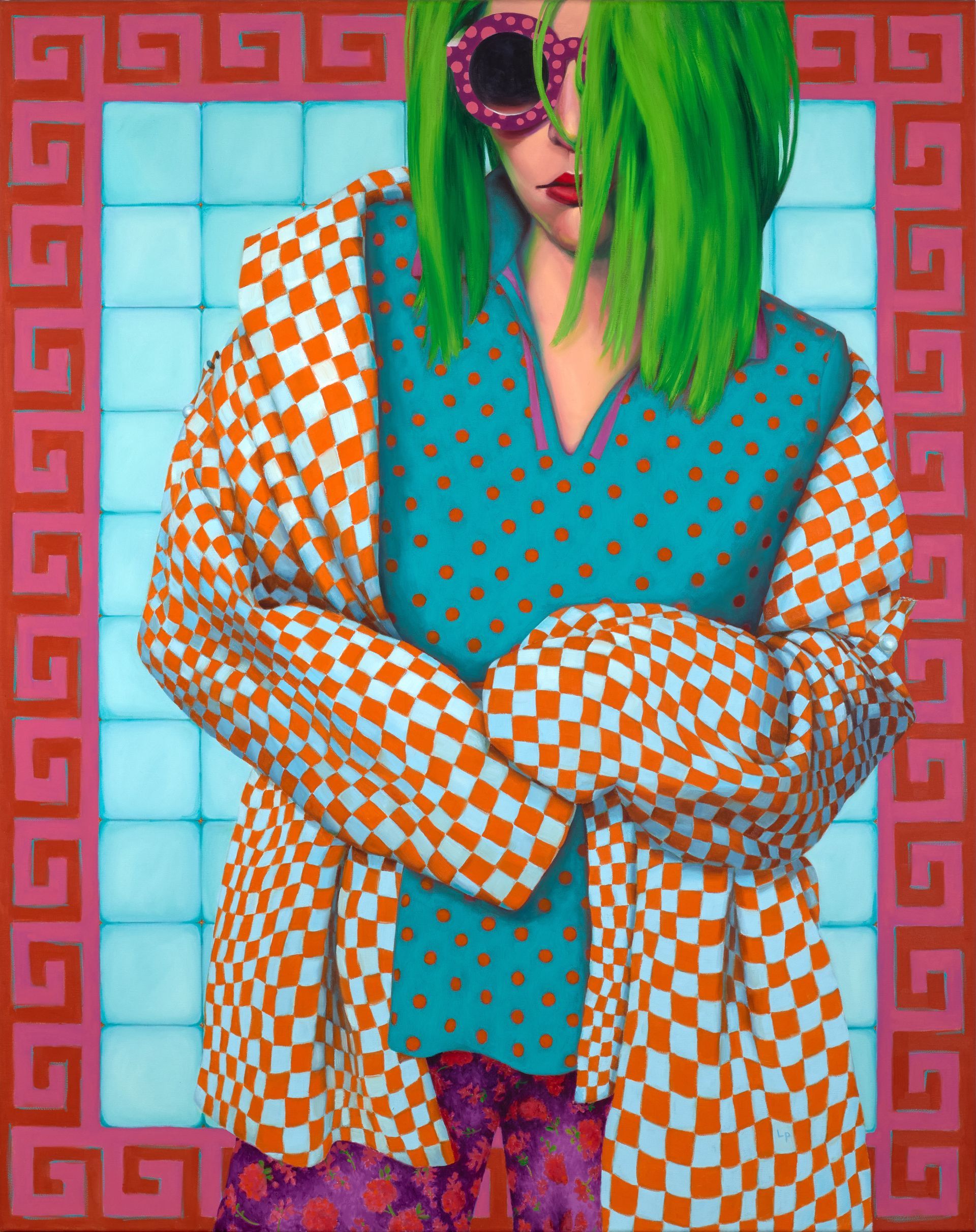 Oil painting of a figure in a checked jacket, patterned top and pants; background is tile boxed in by a Greek key-print.