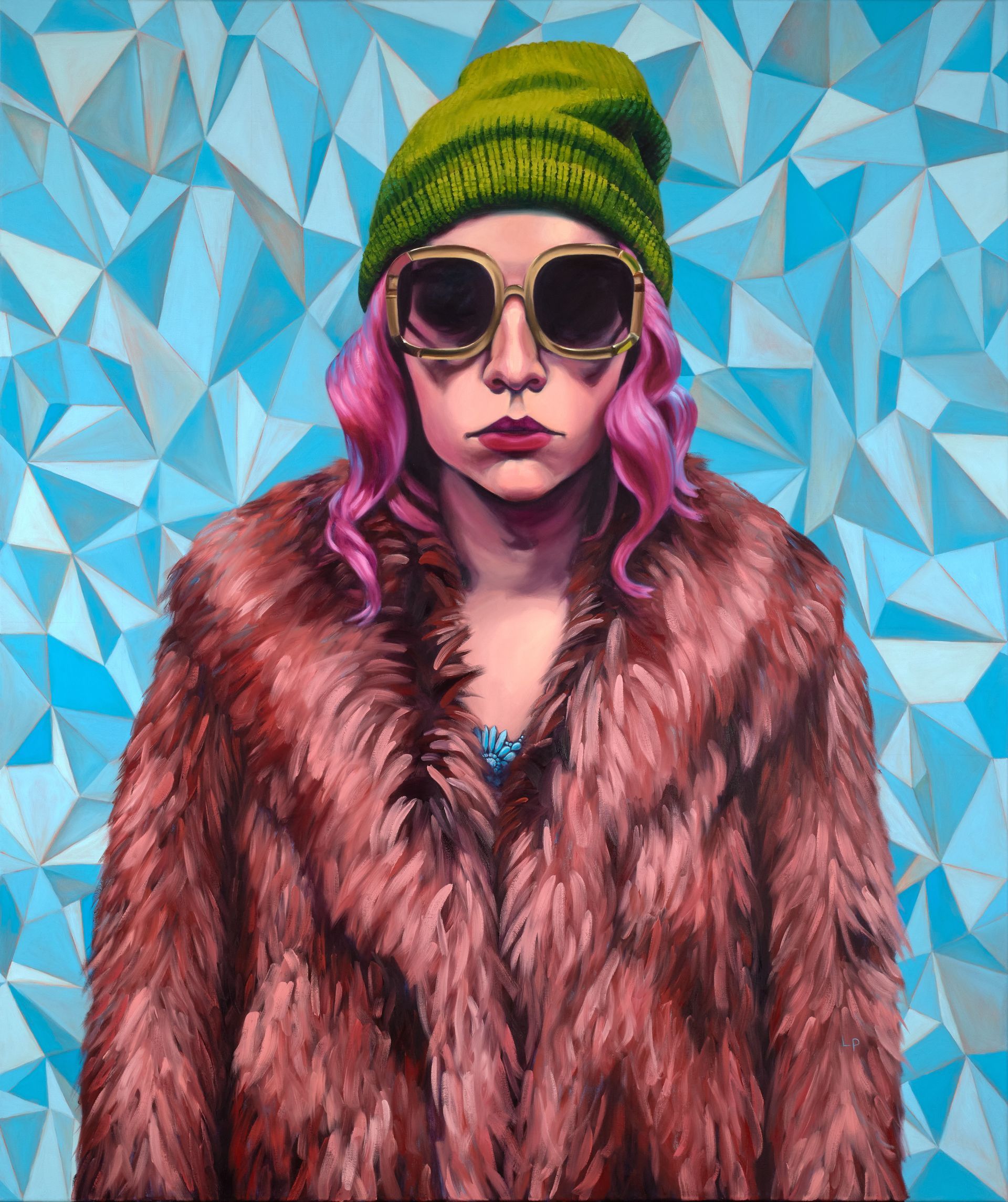 Oil painting of a figure in a fur coat, pink wig, sunglasses, and hat; background is a blue pattern resembling ice crystals.