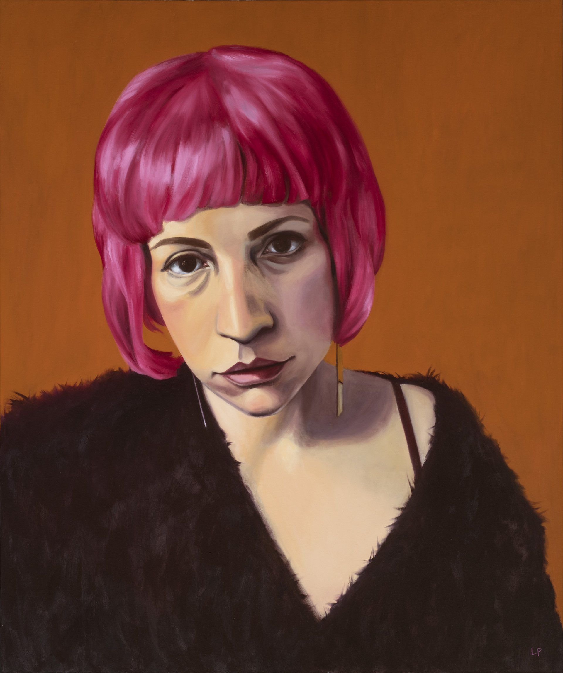 Oil painting of a figure with a pink bob wig and dark top against a burnt orange background
