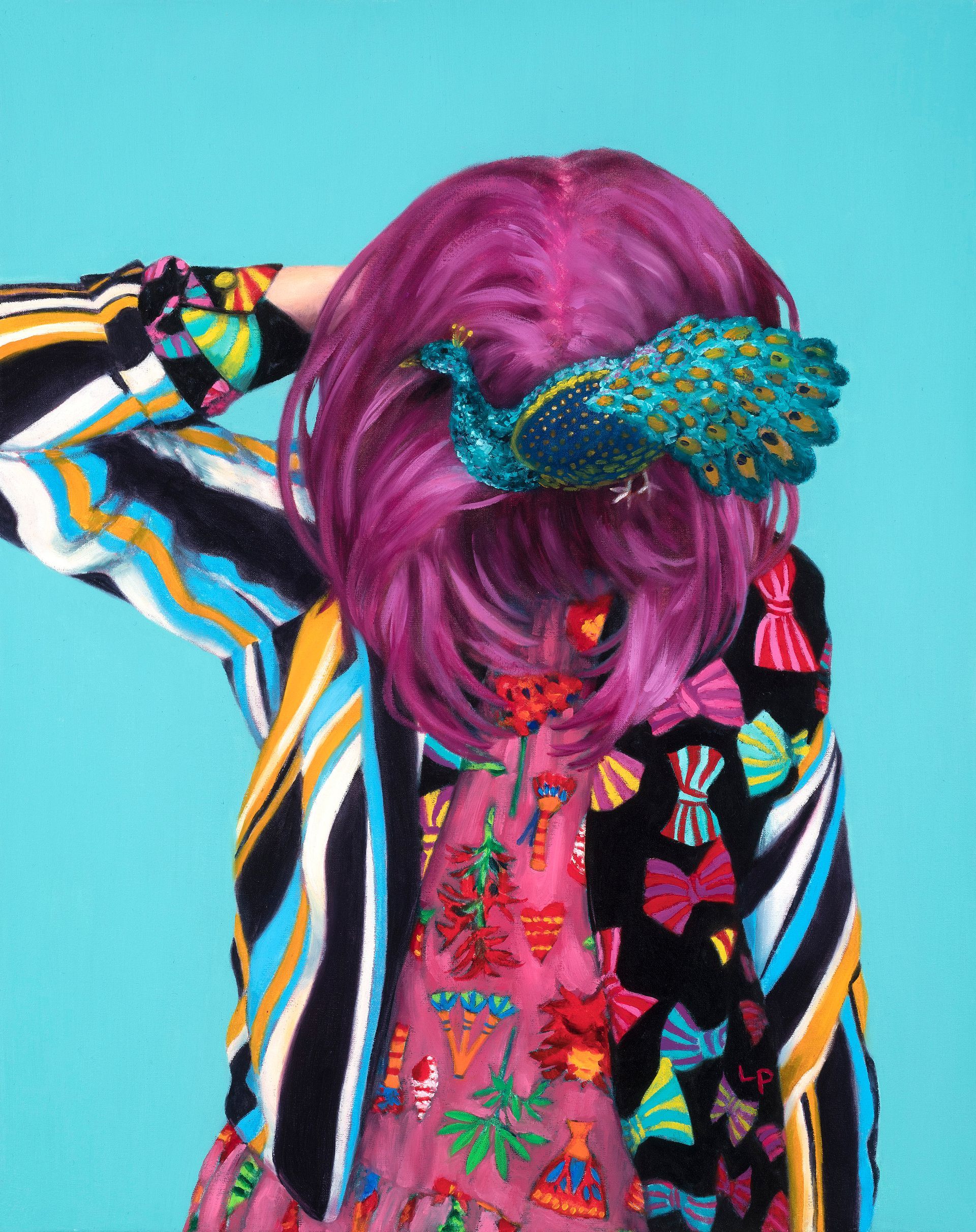 Oil painting of a figure with its head tilted, face obscured, peacock headband, patterned clothing; teal background.