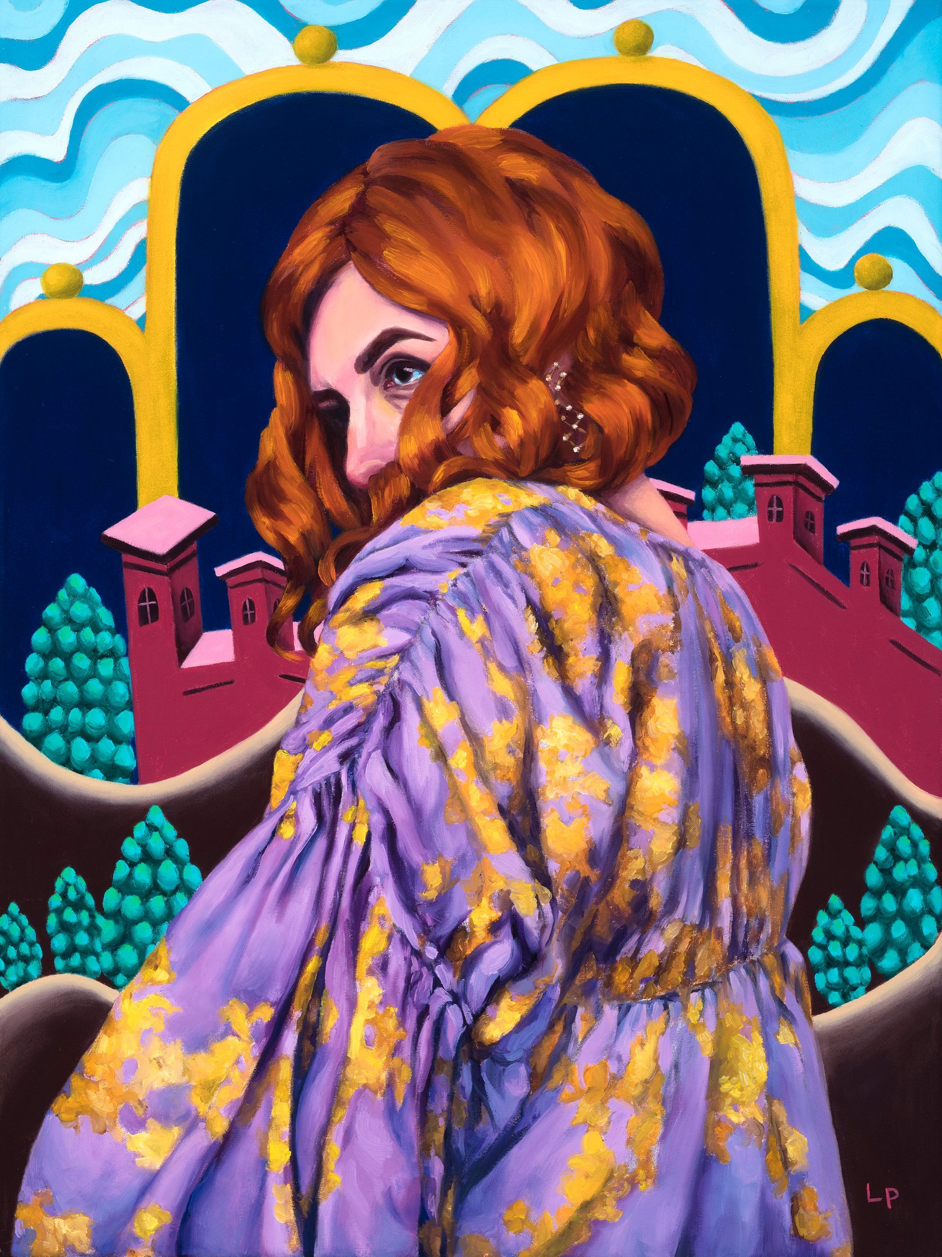 Oil painting of a figure with a printed top, and background of a city wall with trees and arches above.