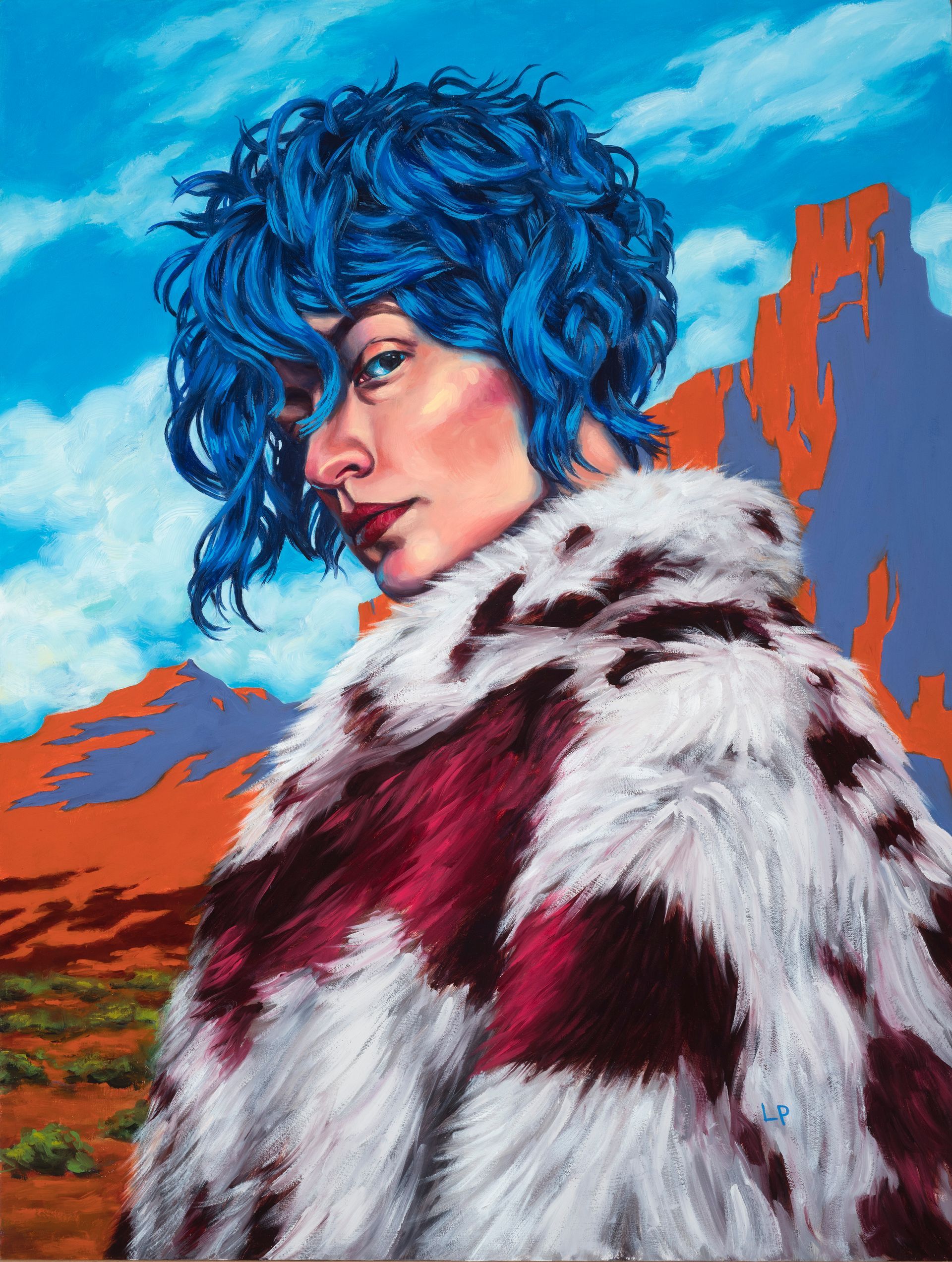 Oil painting of a figure in a fur coat, blue hair, and colorful representation of the American southwest in the background.