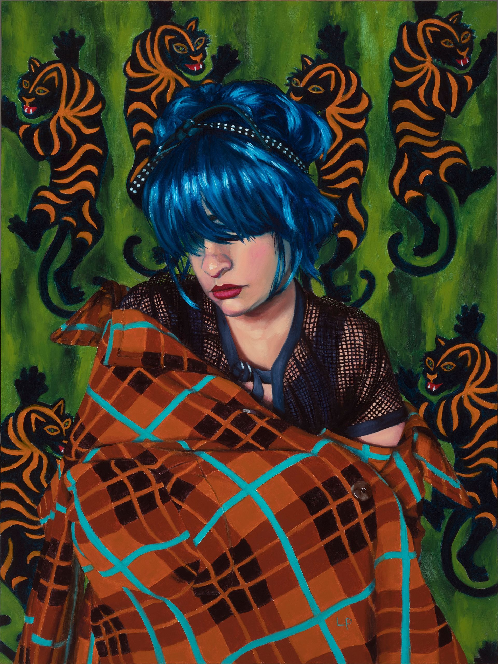 Oil painting of a figure with blue hair, a mesh shirt, and a draped plaid coat; stylized background of crawling tigers.