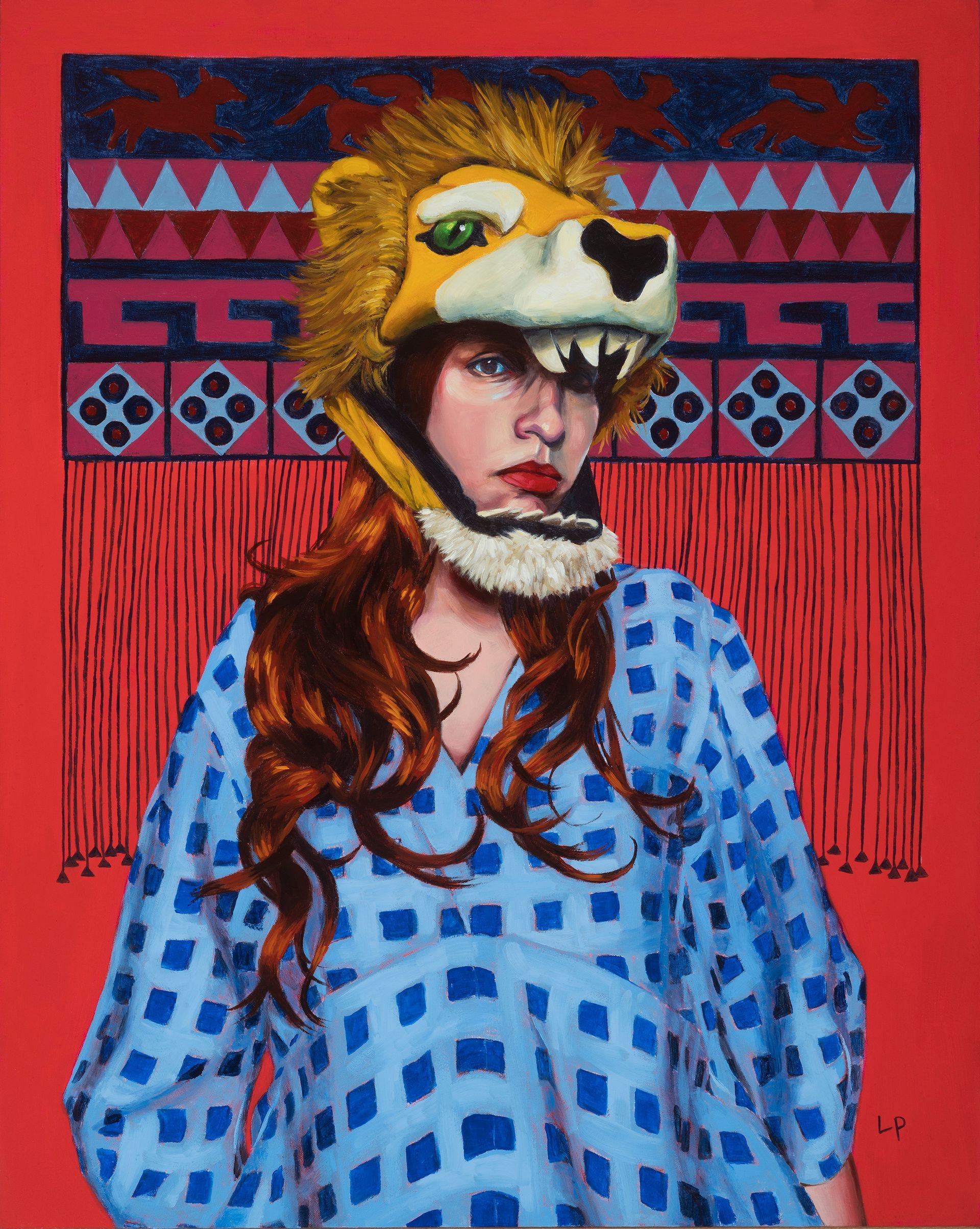 Oil painting of a figure in a cloth children's mask of a lion, a blue checked dress, and a Greek weaving in the background