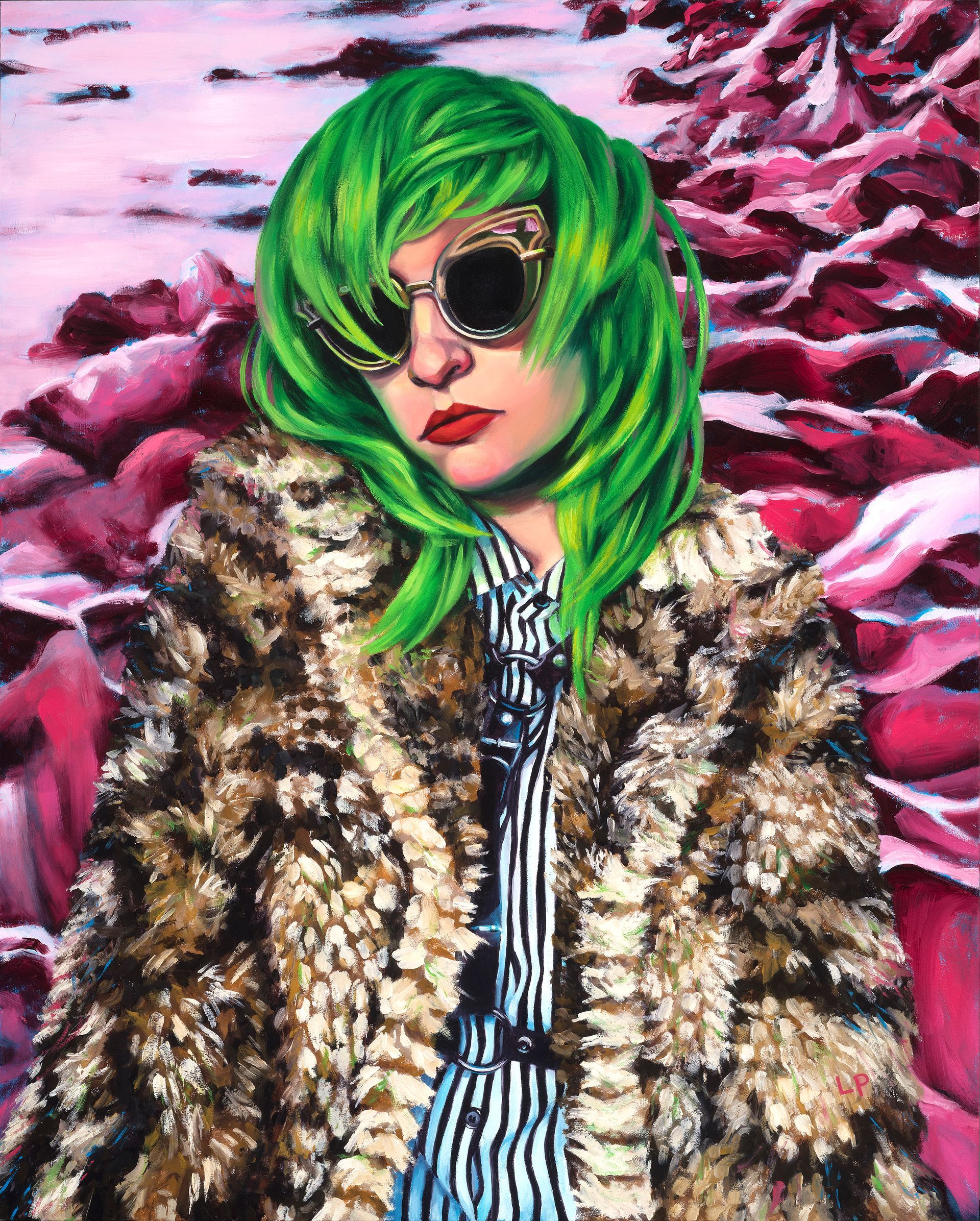 Oil painting of a figure with green hair and sunglasses, fur coat, striped shirt; background is a pink Arctic landscape. 