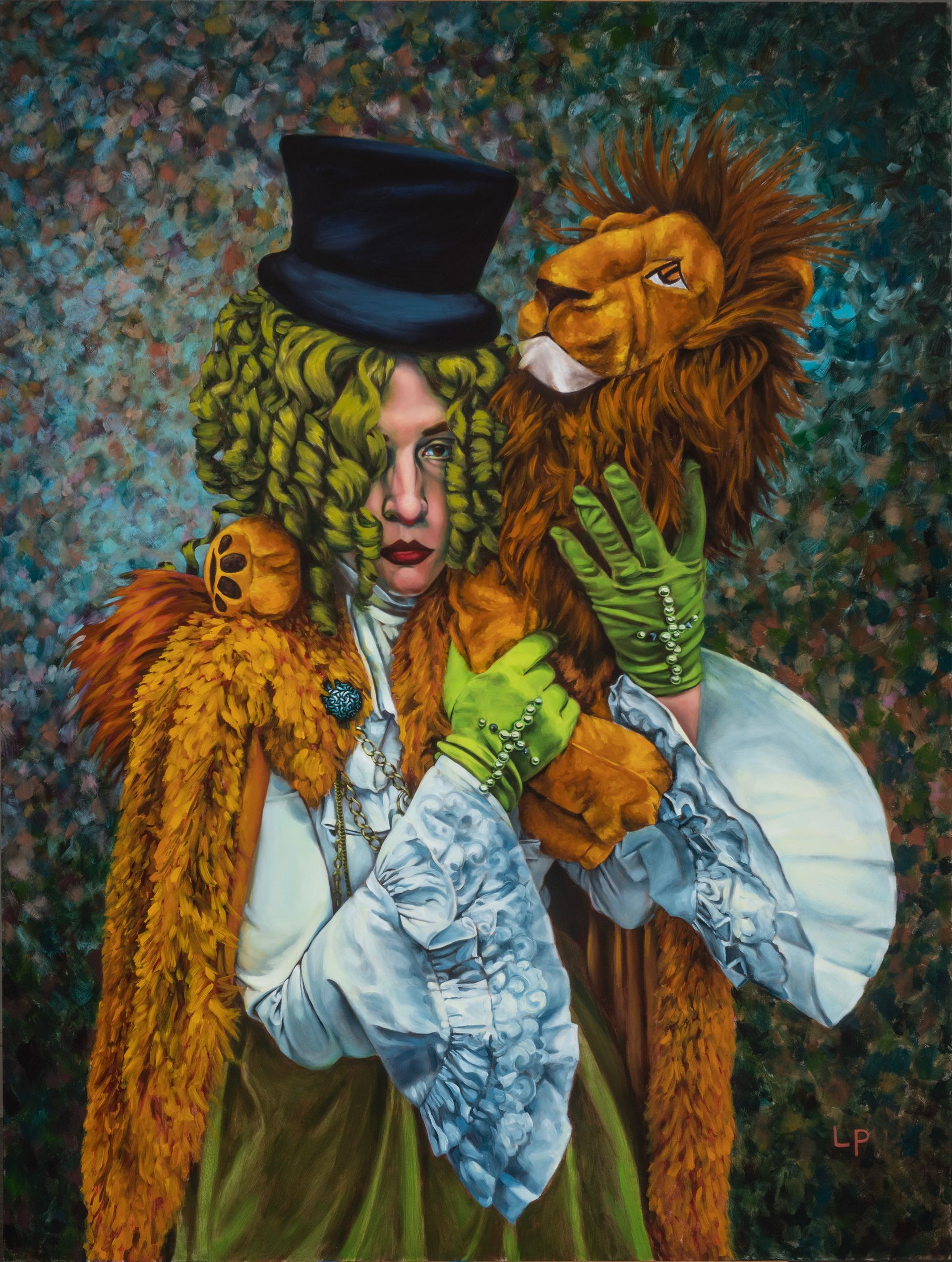 figure in hat and lion cloak, green gloves, white frilly shirt, textured background