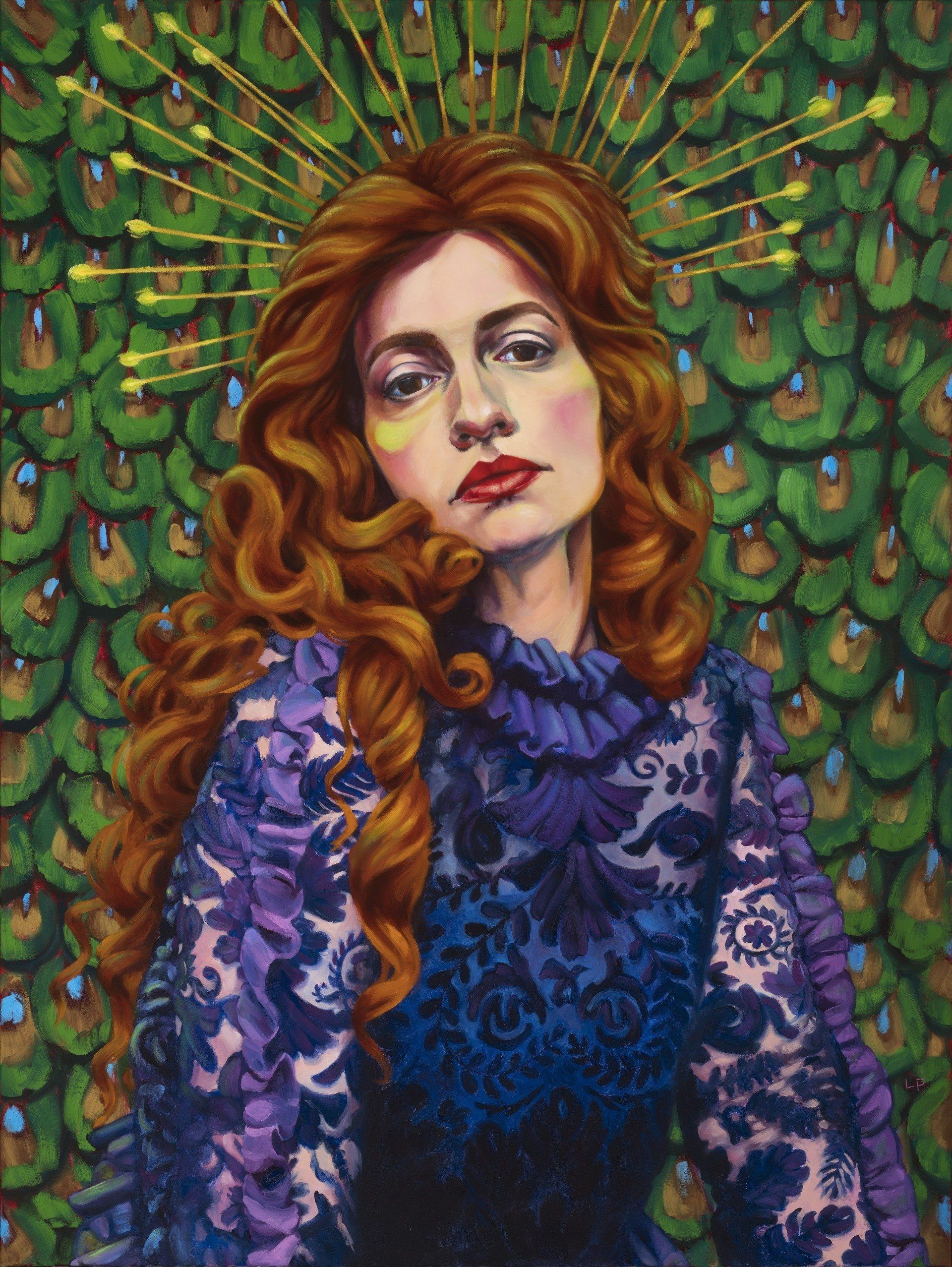 Oil painting of a figure with curly red hair, lace top, and a gold crown; background is layers of green peacock feathers.