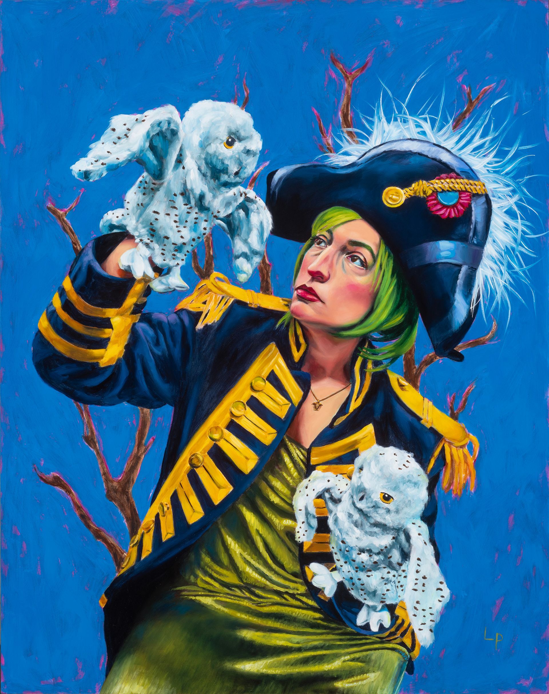 Oil painting of a figure in military dress and playing with owl puppets, green wig, and blue background with a dead tree.