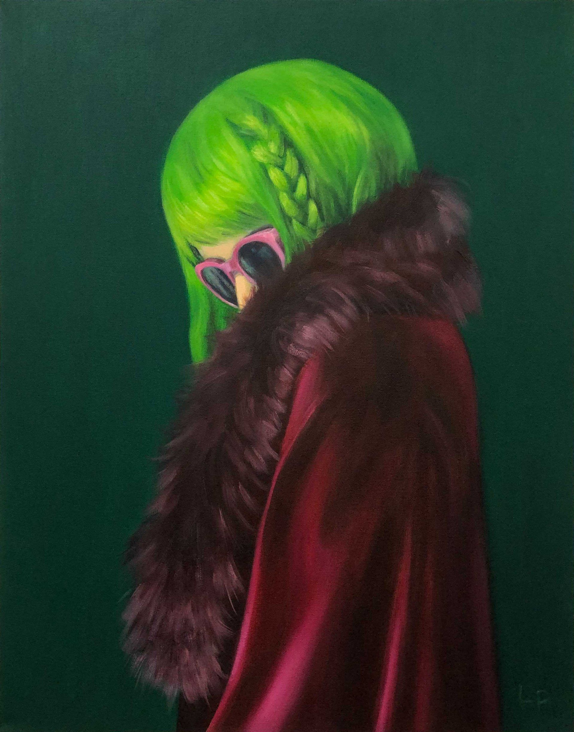 Oil painting of a figure hiding behind a red fur robe with green hair and pink sunglasses; hunter green solid background. 