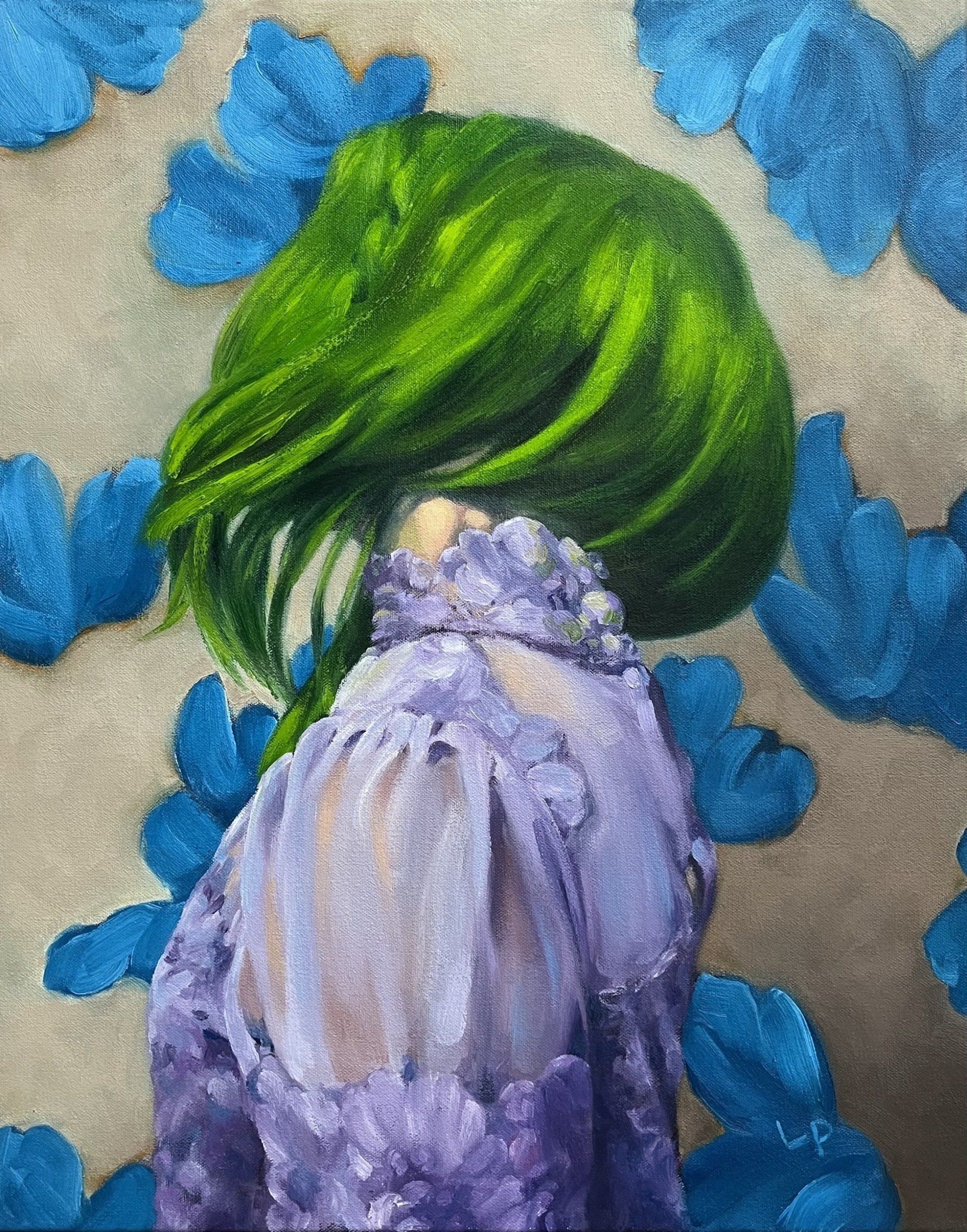 Oil painting of a figure from the side with green hair and purple top; blue shapes like flowers on a muted beige background