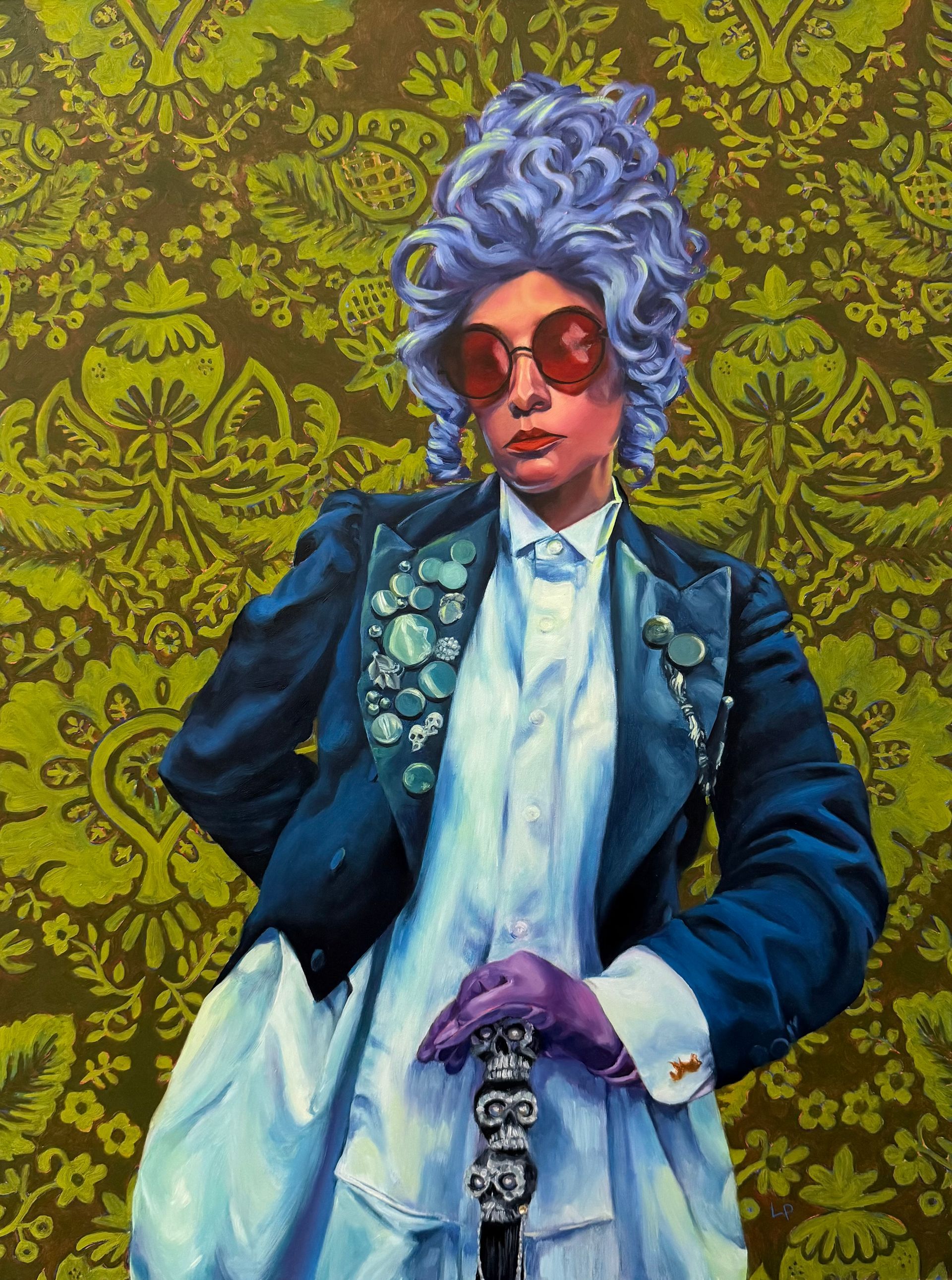 Oil painting of a figure in a white shirt and decorated tux jacket, purple updo wig, and green printed wallpaper in the background.